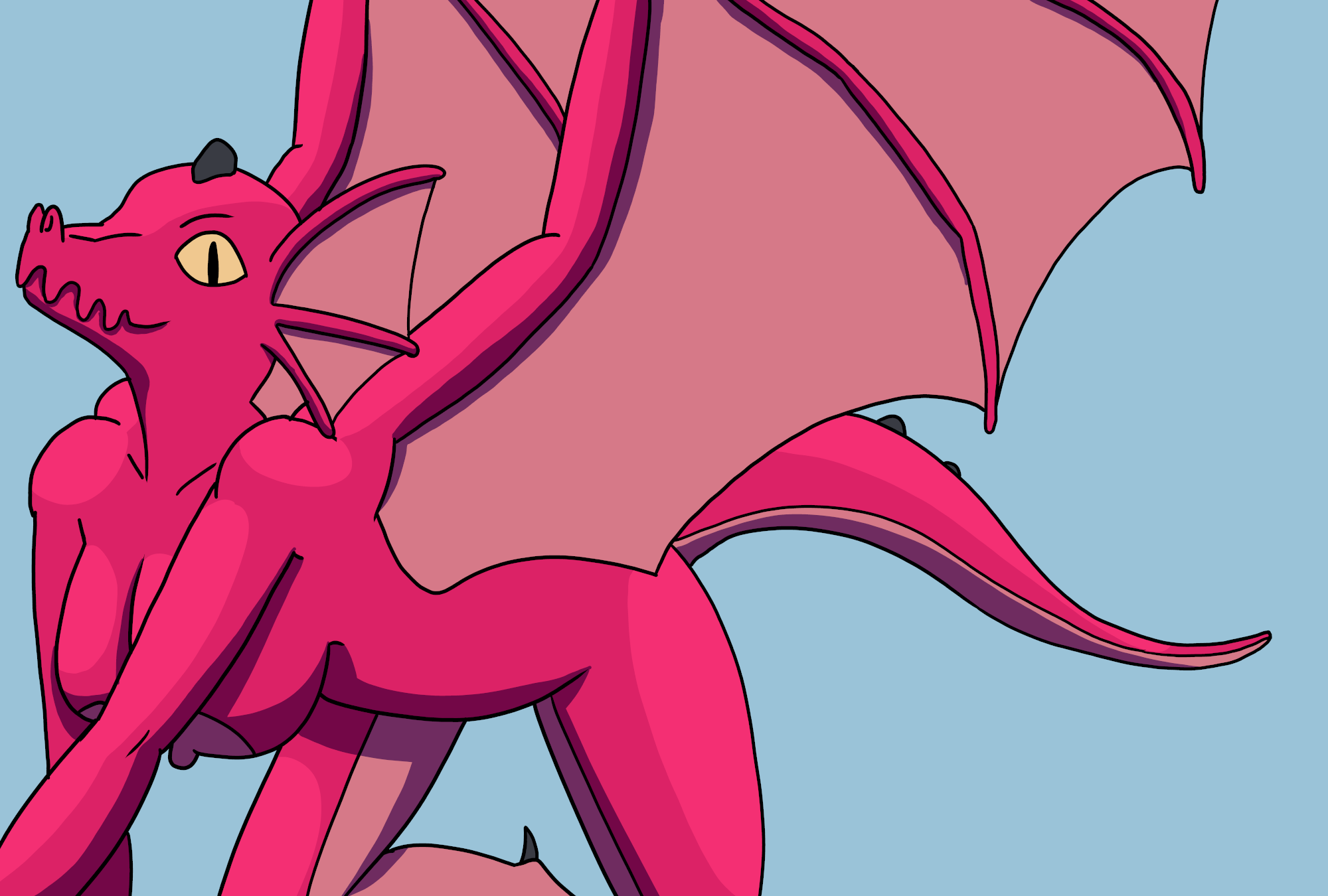 Digital illustration of an anthropomorphised female dragon with pronounced breasts similar to those on a human. Her scales are a brilliant red. She is on her hands and knees.