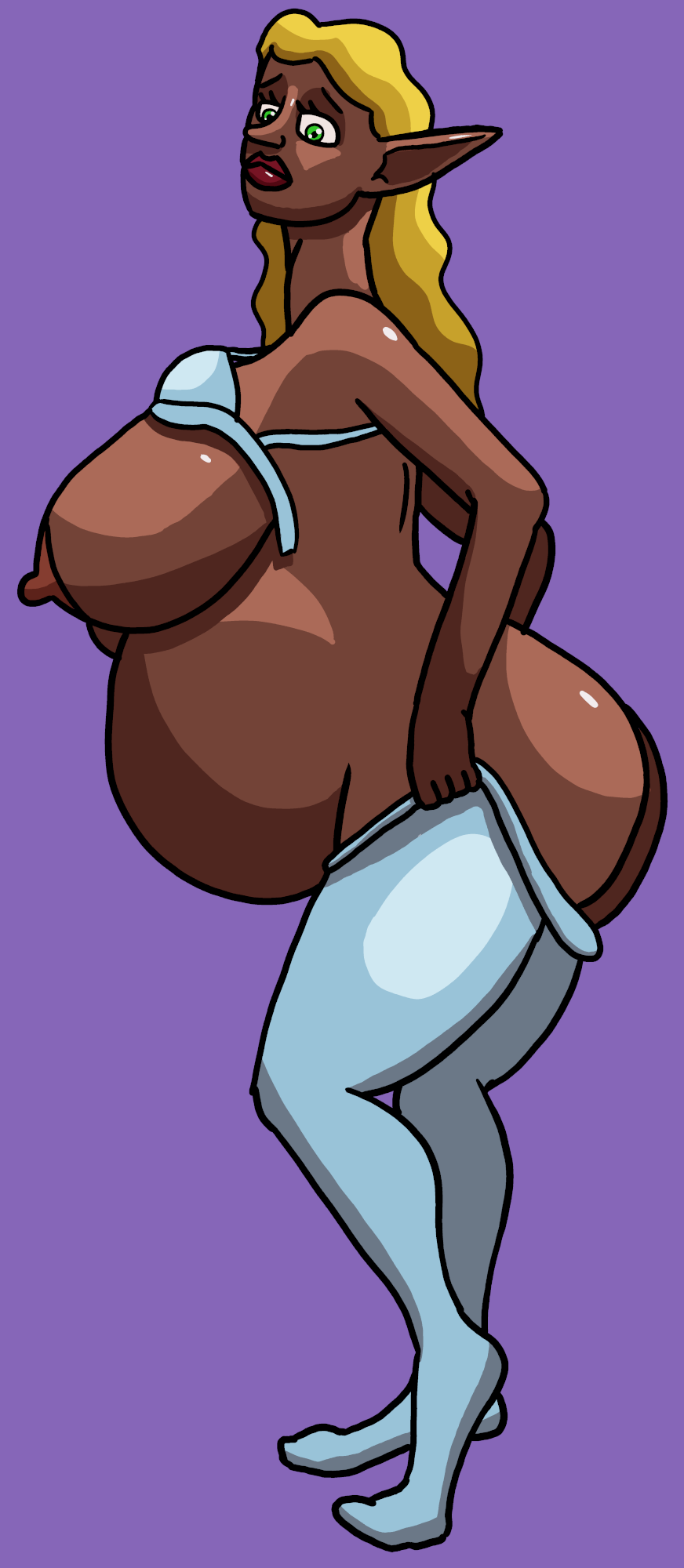 Digital illustration of a pregnant elf struggling to get dressed. She is trying and failing to pull a pair of stockings over her fat butt. A far-too-small bra rests unhooked on top of her massive breasts. Her belly bulges out in front of her.